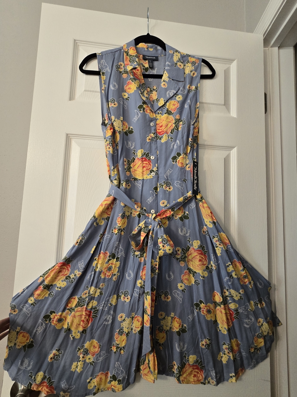 Modcloth Blue Floral Sleeveless Shirt Dress with Tie Waist